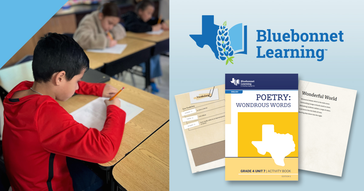 Bluebonnet Learning featured image showing young student at work and screenshots of learning materials.