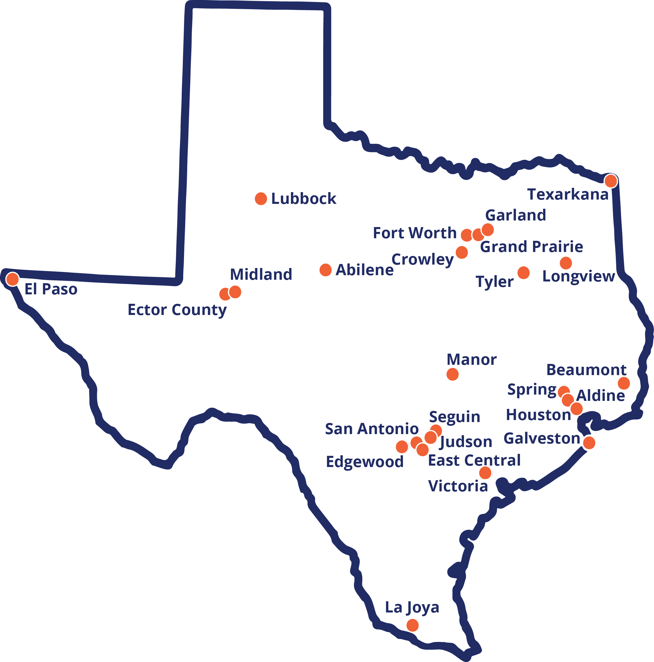 Map of Texas with System of Great Schools labeled. 